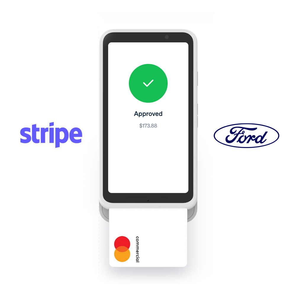 Illustration of a Stripe card reader and mobile device with the Stripe logo to the left and the Ford logo to the right