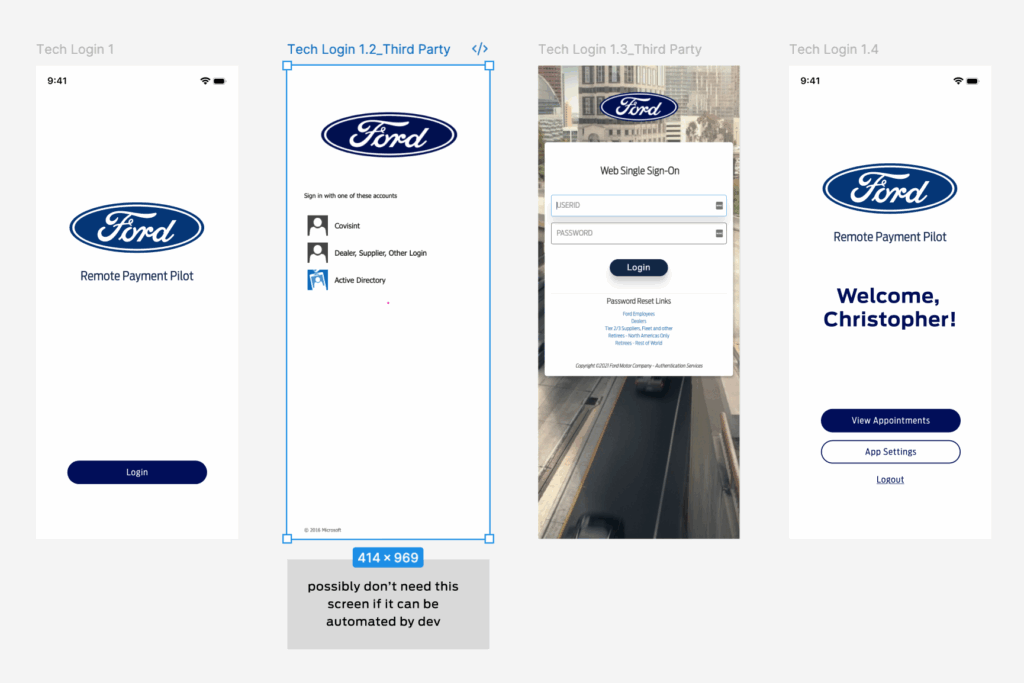 Screenshots of the Figma file with itegration screens for logging in